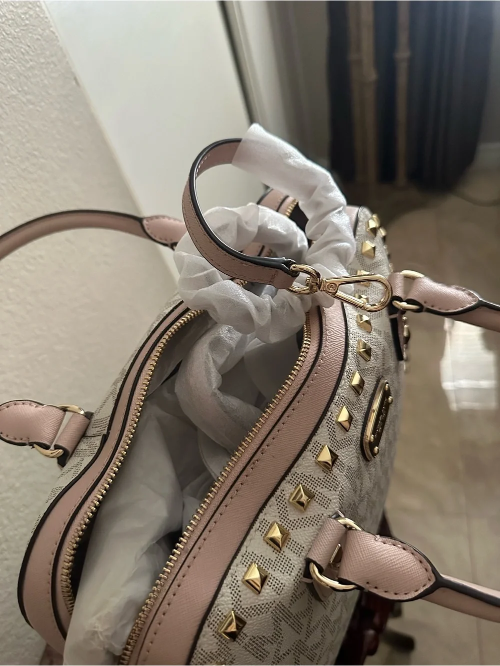 Michael Kors Blush Pink MK Logo Dome Satchel with Gold Studs
